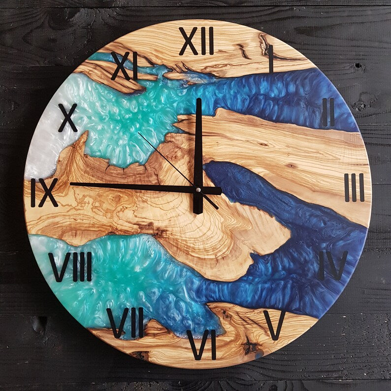 Custom Wall Clock Made of Olive Wood, Made to Order Epoxy Resin Wall Clock, Live Edge Wall Clock, FArmhouse Clock, Wooden Wall Clock, Unique