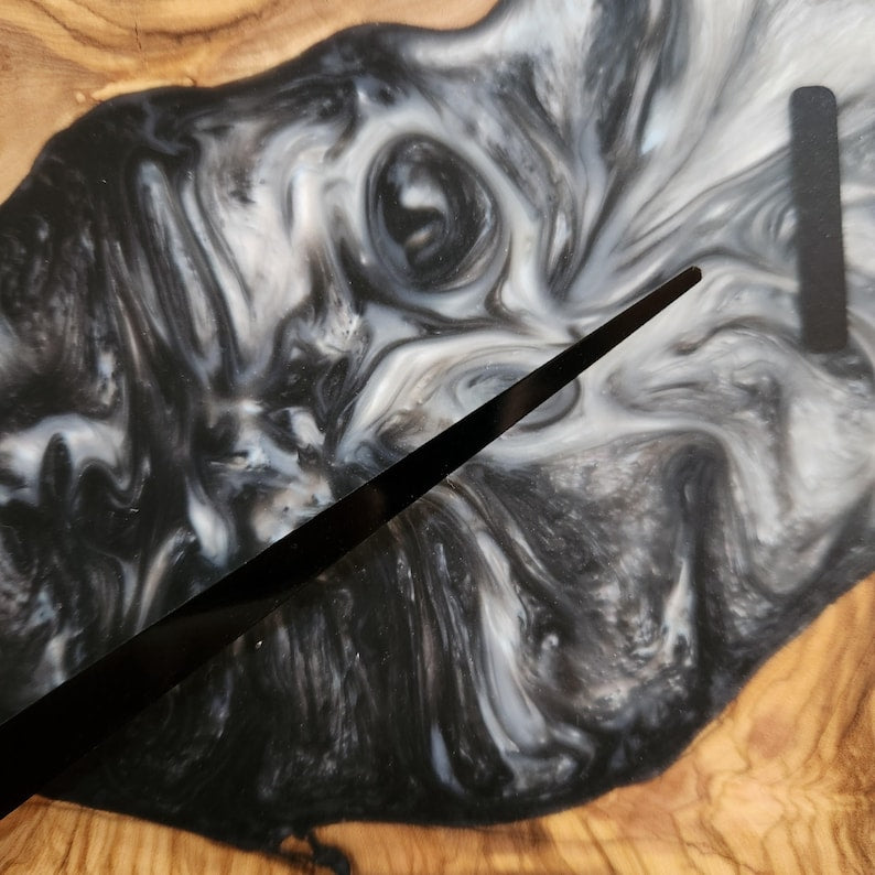 Black and White Epoxy Wall Clock, Custom Made Resin & Olive Wood Wall Clock, Made to order Epoxy and Olive Wood Wall Clock, Live Edge Clock