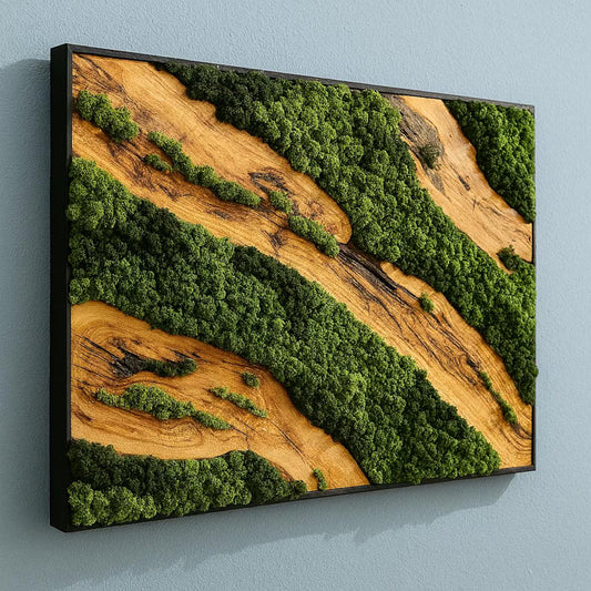 Olive Wood and Moss Wall Art in Black Frame, Biophilic Handmade Decor with Preserved Moss for Eco Interior Design and Natural Wall Style