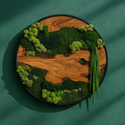 Round Moss & Olive Wood Wall Art: Handmade Modern Nature Decor
