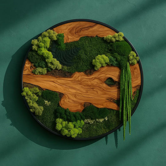 Round Moss & Olive Wood Wall Art: Handmade Modern Nature Decor