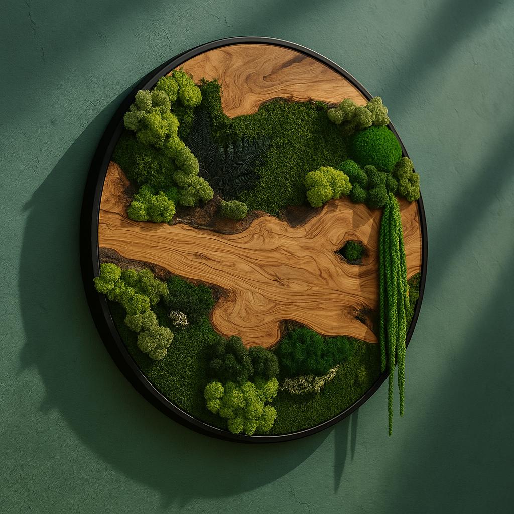 Round Moss & Olive Wood Wall Art: Handmade Modern Nature Decor