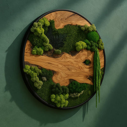 Round Moss & Olive Wood Wall Art: Handmade Modern Nature Decor