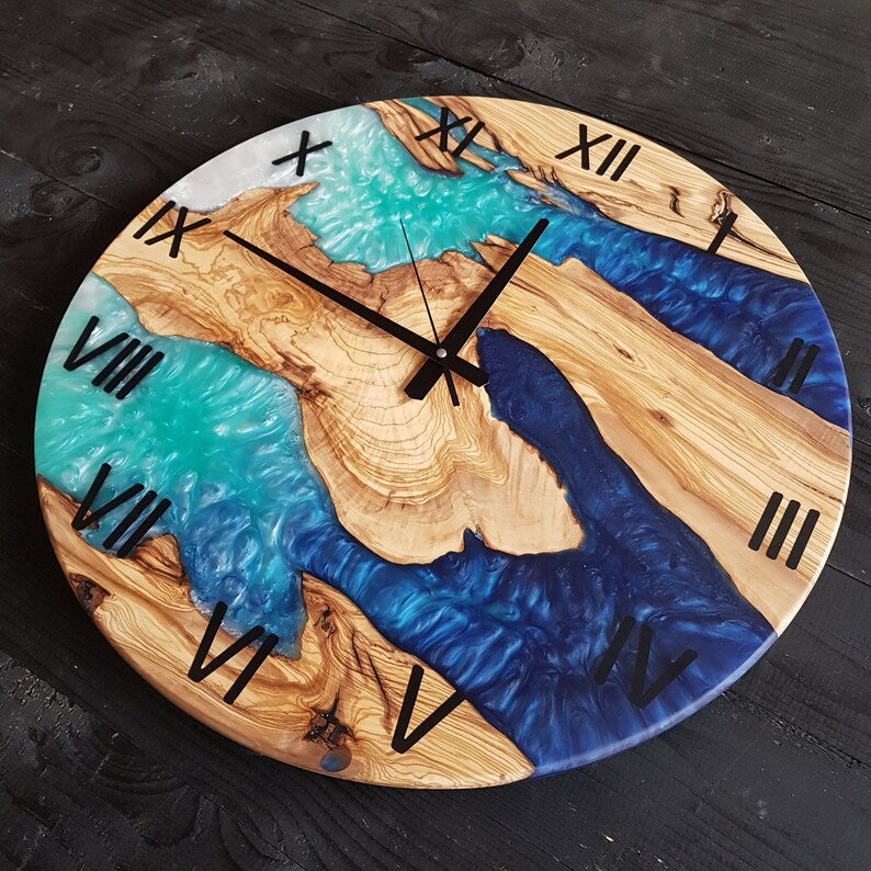 Custom Wall Clock Made of Olive Wood, Made to Order Epoxy Resin Wall Clock, Live Edge Wall Clock, FArmhouse Clock, Wooden Wall Clock, Unique