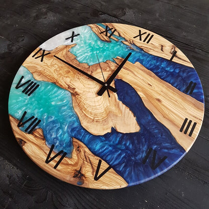 Custom Wall Clock Made of Olive Wood, Made to Order Epoxy Resin Wall Clock, Live Edge Wall Clock, FArmhouse Clock, Wooden Wall Clock, Unique