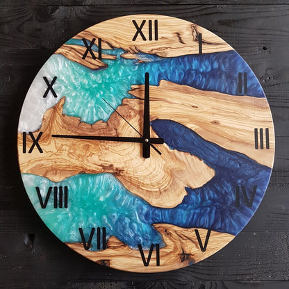 Custom Wall Clock Made of Olive Wood, Made to Order Epoxy Resin Wall Clock, Live Edge Wall Clock, FArmhouse Clock, Wooden Wall Clock, Unique