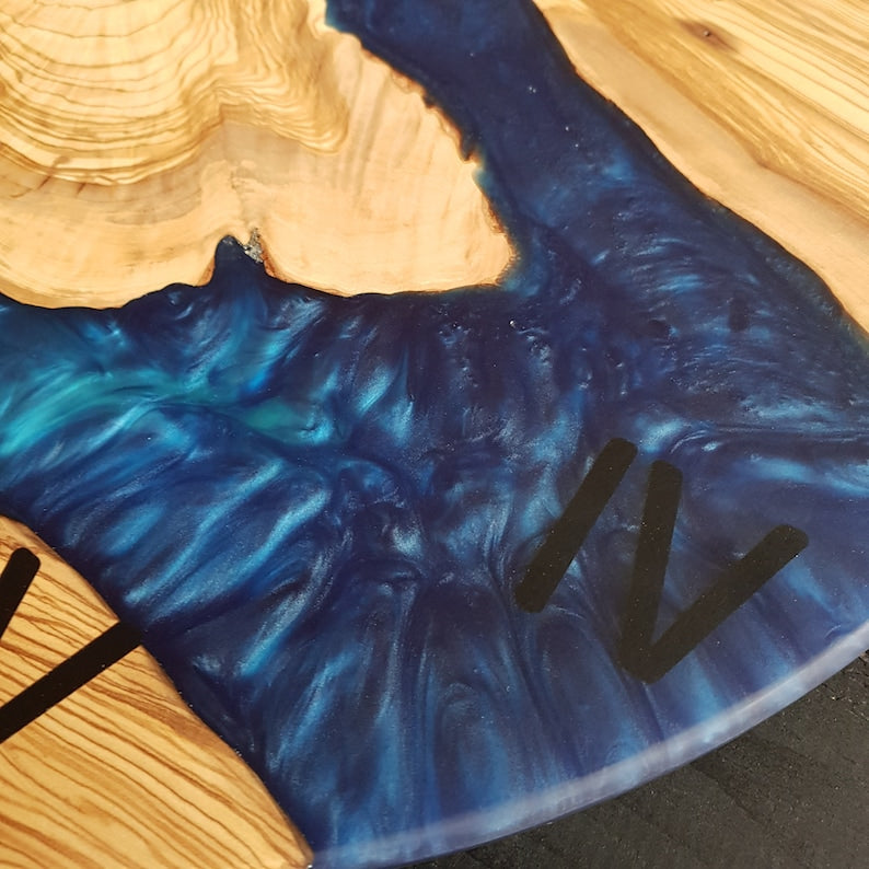 Custom Wall Clock Made of Olive Wood, Made to Order Epoxy Resin Wall Clock, Live Edge Wall Clock, FArmhouse Clock, Wooden Wall Clock, Unique