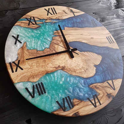 Custom Wall Clock Made of Olive Wood, Made to Order Epoxy Resin Wall Clock, Live Edge Wall Clock, FArmhouse Clock, Wooden Wall Clock, Unique