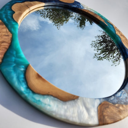 Resin and Olive Wood Round Mirror, Custom Resin And Wooden Mirror. Wooden Mirror, Rustic Mirror, made to Order mirror Round Mirror