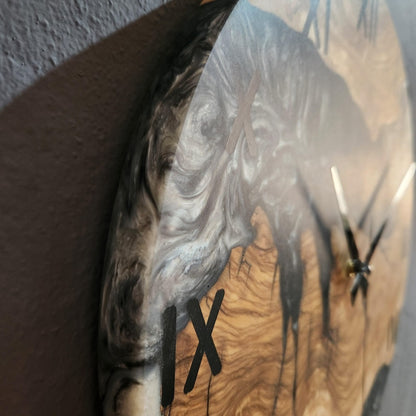 Black and White Epoxy Wall Clock, Custom Made Resin & Olive Wood Wall Clock, Made to order Epoxy and Olive Wood Wall Clock, Live Edge Clock