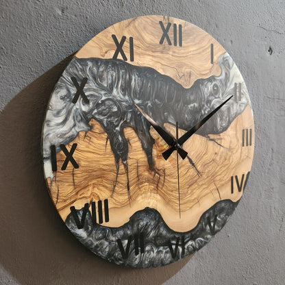 Black and White Epoxy Wall Clock, Custom Made Resin & Olive Wood Wall Clock, Made to order Epoxy and Olive Wood Wall Clock, Live Edge Clock