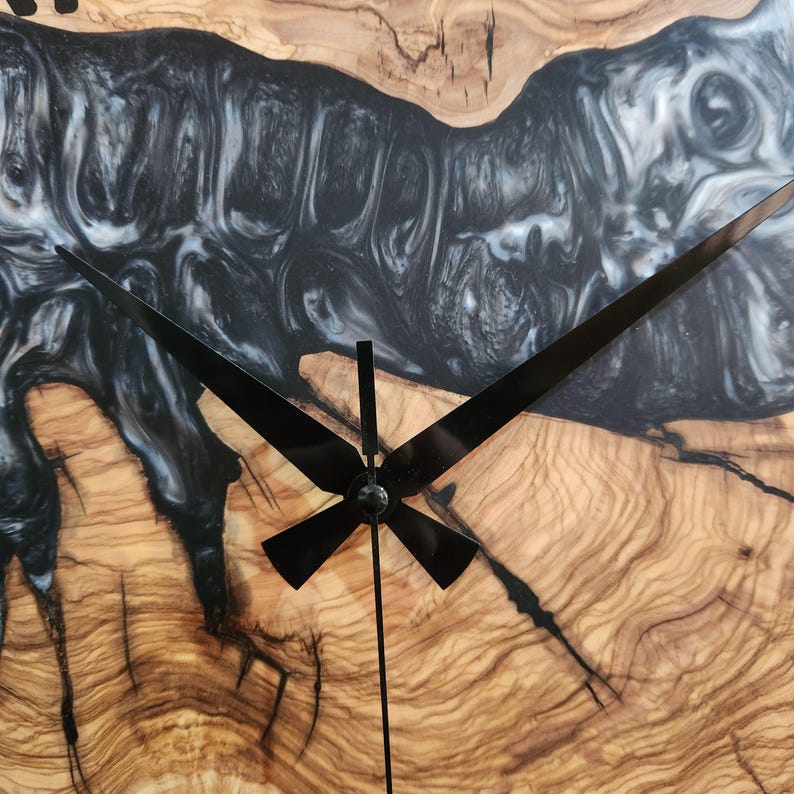 Black and White Epoxy Wall Clock, Custom Made Resin & Olive Wood Wall Clock, Made to order Epoxy and Olive Wood Wall Clock, Live Edge Clock