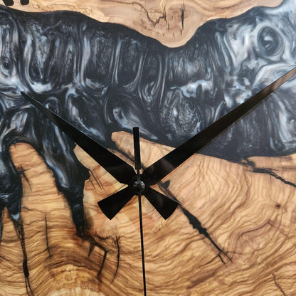 Black and White Epoxy Wall Clock, Custom Made Resin & Olive Wood Wall Clock, Made to order Epoxy and Olive Wood Wall Clock, Live Edge Clock