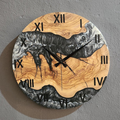 Black and White Epoxy Wall Clock, Custom Made Resin & Olive Wood Wall Clock, Made to order Epoxy and Olive Wood Wall Clock, Live Edge Clock