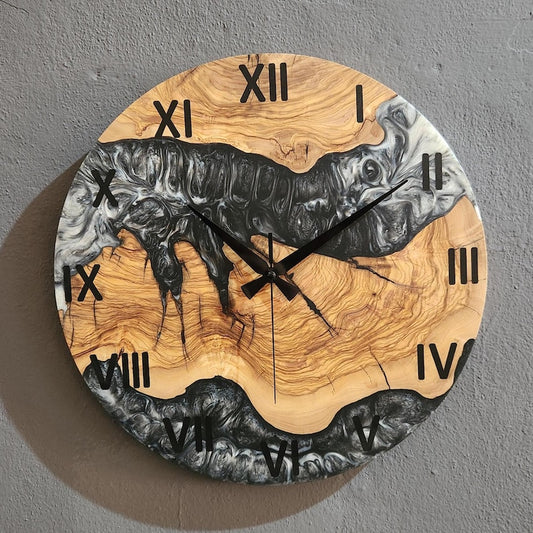 Black and White Epoxy Wall Clock, Custom Made Resin & Olive Wood Wall Clock, Made to order Epoxy and Olive Wood Wall Clock, Live Edge Clock