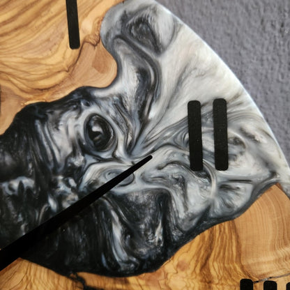 Black and White Epoxy Wall Clock, Custom Made Resin & Olive Wood Wall Clock, Made to order Epoxy and Olive Wood Wall Clock, Live Edge Clock