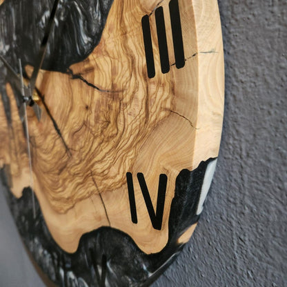 Black and White Epoxy Wall Clock, Custom Made Resin & Olive Wood Wall Clock, Made to order Epoxy and Olive Wood Wall Clock, Live Edge Clock