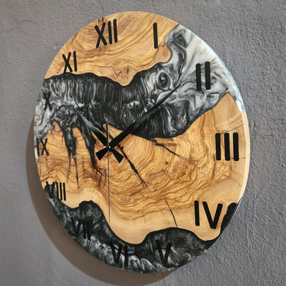 Black and White Epoxy Wall Clock, Custom Made Resin & Olive Wood Wall Clock, Made to order Epoxy and Olive Wood Wall Clock, Live Edge Clock