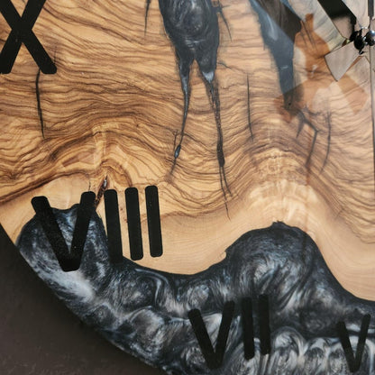 Black and White Epoxy Wall Clock, Custom Made Resin & Olive Wood Wall Clock, Made to order Epoxy and Olive Wood Wall Clock, Live Edge Clock