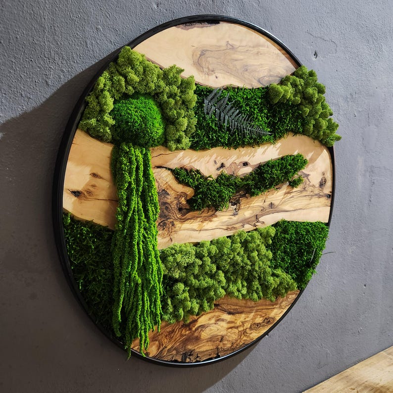 Moss and Olive Wood Wall Art, Custom Made Metal Frame Moss Wall Decor, Olive Wood and Moss Wall Art- Preserved Stabilized Moss Wall Decor