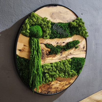 Moss and Olive Wood Wall Art, Custom Made Metal Frame Moss Wall Decor, Olive Wood and Moss Wall Art- Preserved Stabilized Moss Wall Decor