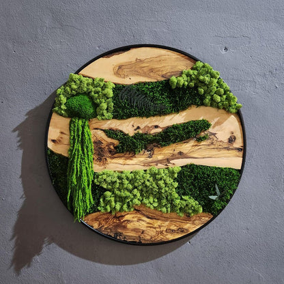 Moss and Olive Wood Wall Art, Custom Made Metal Frame Moss Wall Decor, Olive Wood and Moss Wall Art- Preserved Stabilized Moss Wall Decor