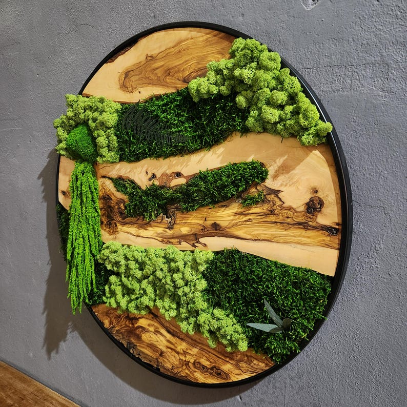 Moss and Olive Wood Wall Art, Custom Made Metal Frame Moss Wall Decor, Olive Wood and Moss Wall Art- Preserved Stabilized Moss Wall Decor