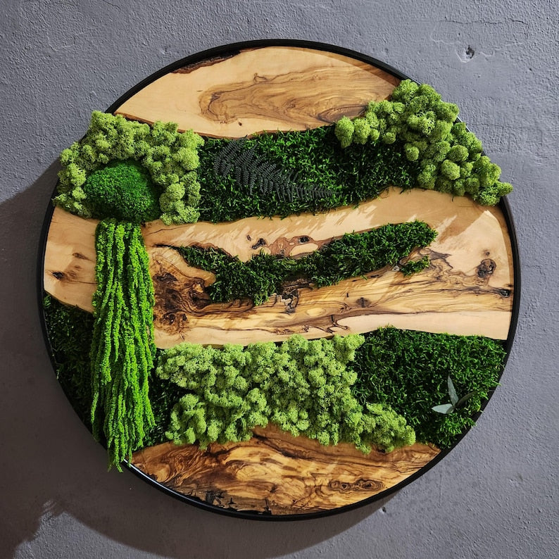 Moss and Olive Wood Wall Art, Custom Made Metal Frame Moss Wall Decor, Olive Wood and Moss Wall Art- Preserved Stabilized Moss Wall Decor
