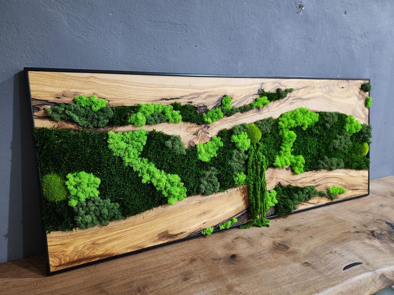 Moss & Wood Wall Art, Unique Custom Made Olive Wood And Moss Wall Decor, Rustic Greenery Decor, Hotel Lobby Wall Art Decor, Home Wall Decor