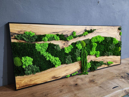 Moss & Wood Wall Art, Unique Custom Made Olive Wood And Moss Wall Decor, Rustic Greenery Decor, Hotel Lobby Wall Art Decor, Home Wall Decor