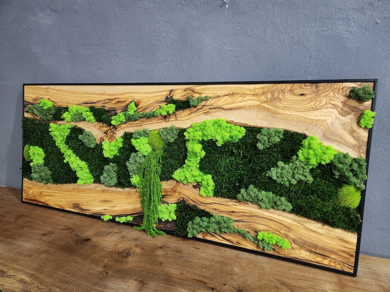 Moss & Wood Wall Art, Unique Custom Made Olive Wood And Moss Wall Decor, Rustic Greenery Decor, Hotel Lobby Wall Art Decor, Home Wall Decor