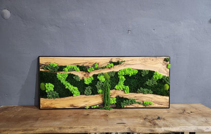 Moss & Wood Wall Art, Unique Custom Made Olive Wood And Moss Wall Decor, Rustic Greenery Decor, Hotel Lobby Wall Art Decor, Home Wall Decor