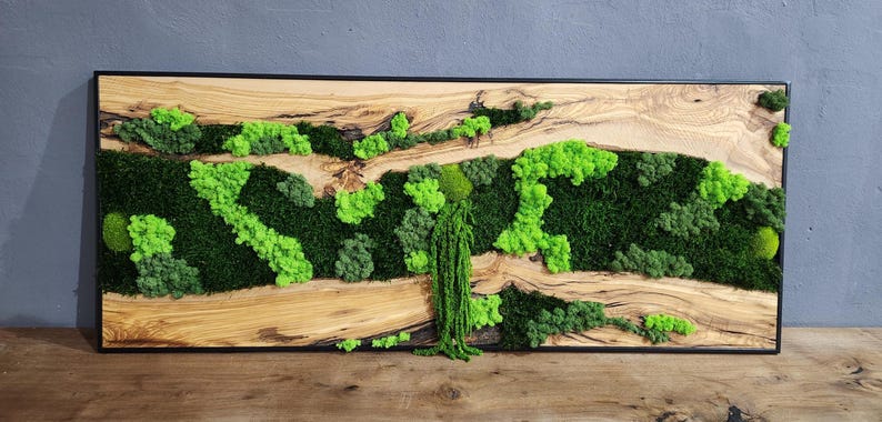 Moss & Wood Wall Art, Unique Custom Made Olive Wood And Moss Wall Decor, Rustic Greenery Decor, Hotel Lobby Wall Art Decor, Home Wall Decor