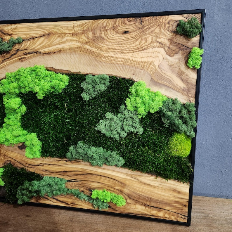 Moss & Wood Wall Art, Unique Custom Made Olive Wood And Moss Wall Decor, Rustic Greenery Decor, Hotel Lobby Wall Art Decor, Home Wall Decor