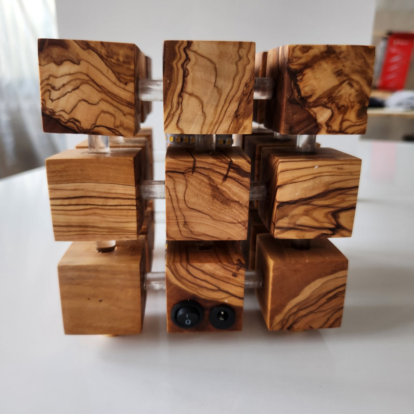 Handmade Olive Wood LED Night Lamp: Unique Cube Desk Light