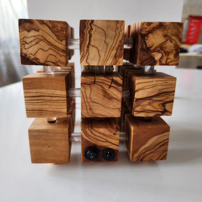 Handmade Olive Wood LED Night Lamp: Unique Cube Desk Light