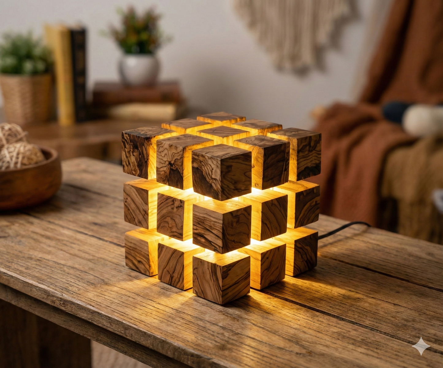Handmade Olive Wood LED Night Lamp: Unique Cube Desk Light