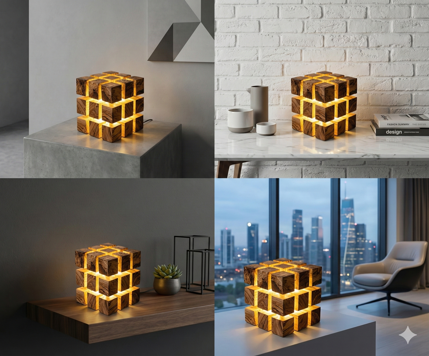 Handmade Olive Wood LED Night Lamp: Unique Cube Desk Light
