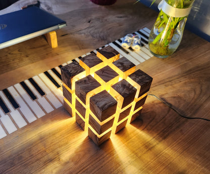 Handmade Olive Wood LED Night Lamp: Unique Cube Desk Light