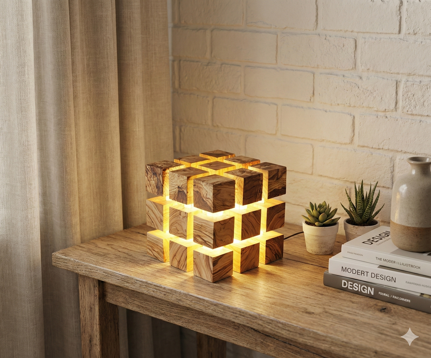 Handmade Olive Wood LED Night Lamp: Unique Cube Desk Light