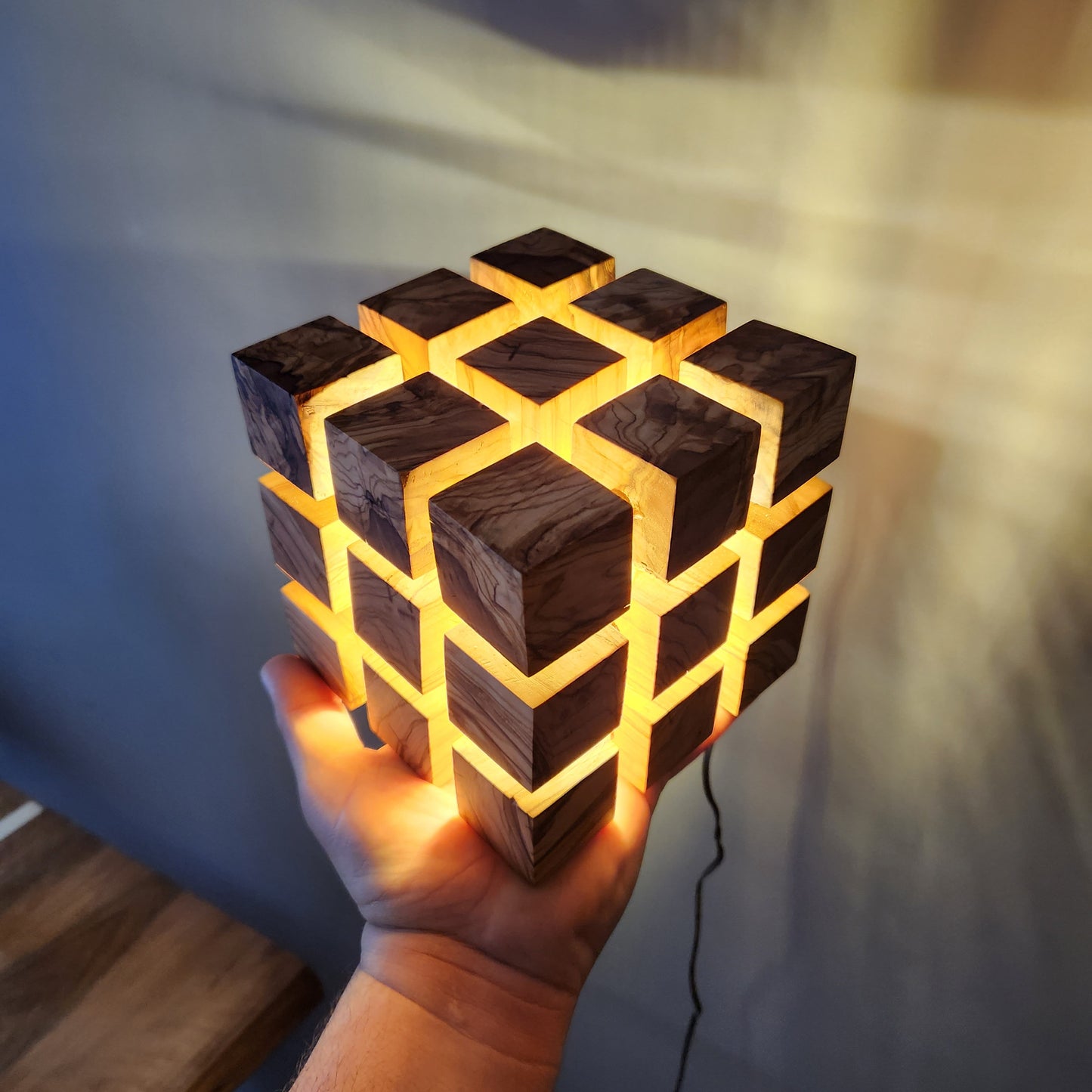 Handmade Olive Wood LED Night Lamp: Unique Cube Desk Light