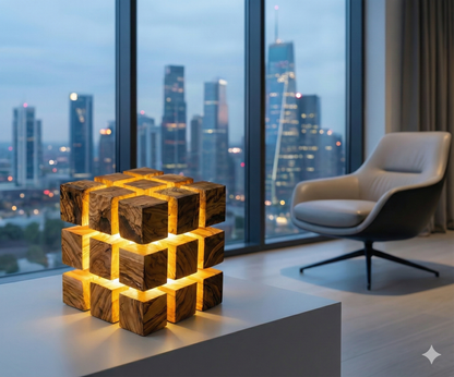 Handmade Olive Wood LED Night Lamp: Unique Cube Desk Light