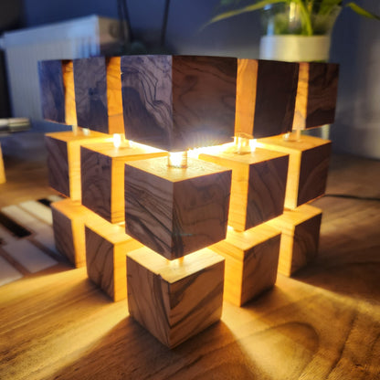 Handmade Olive Wood LED Night Lamp: Unique Cube Desk Light