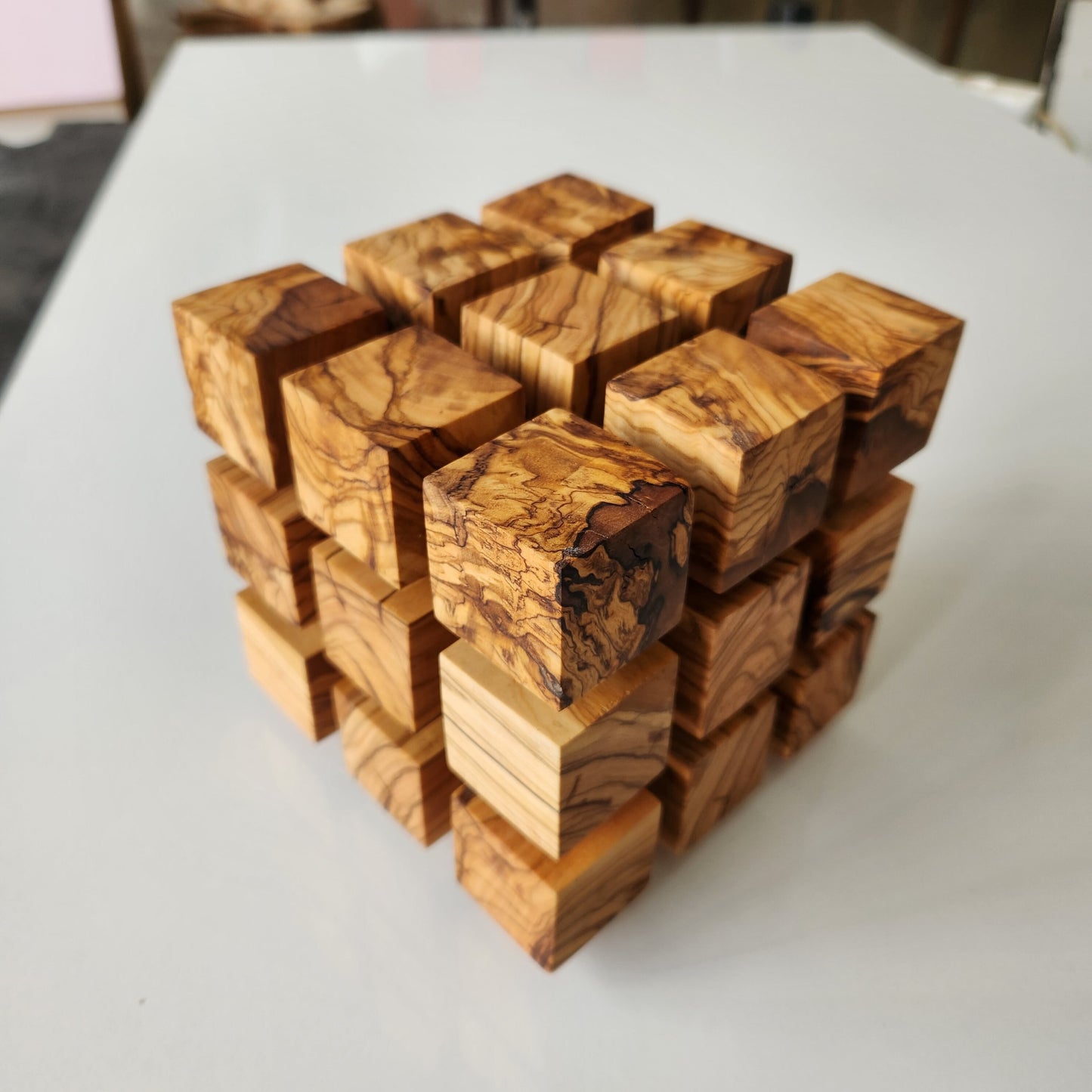 Handmade Olive Wood LED Night Lamp: Unique Cube Desk Light