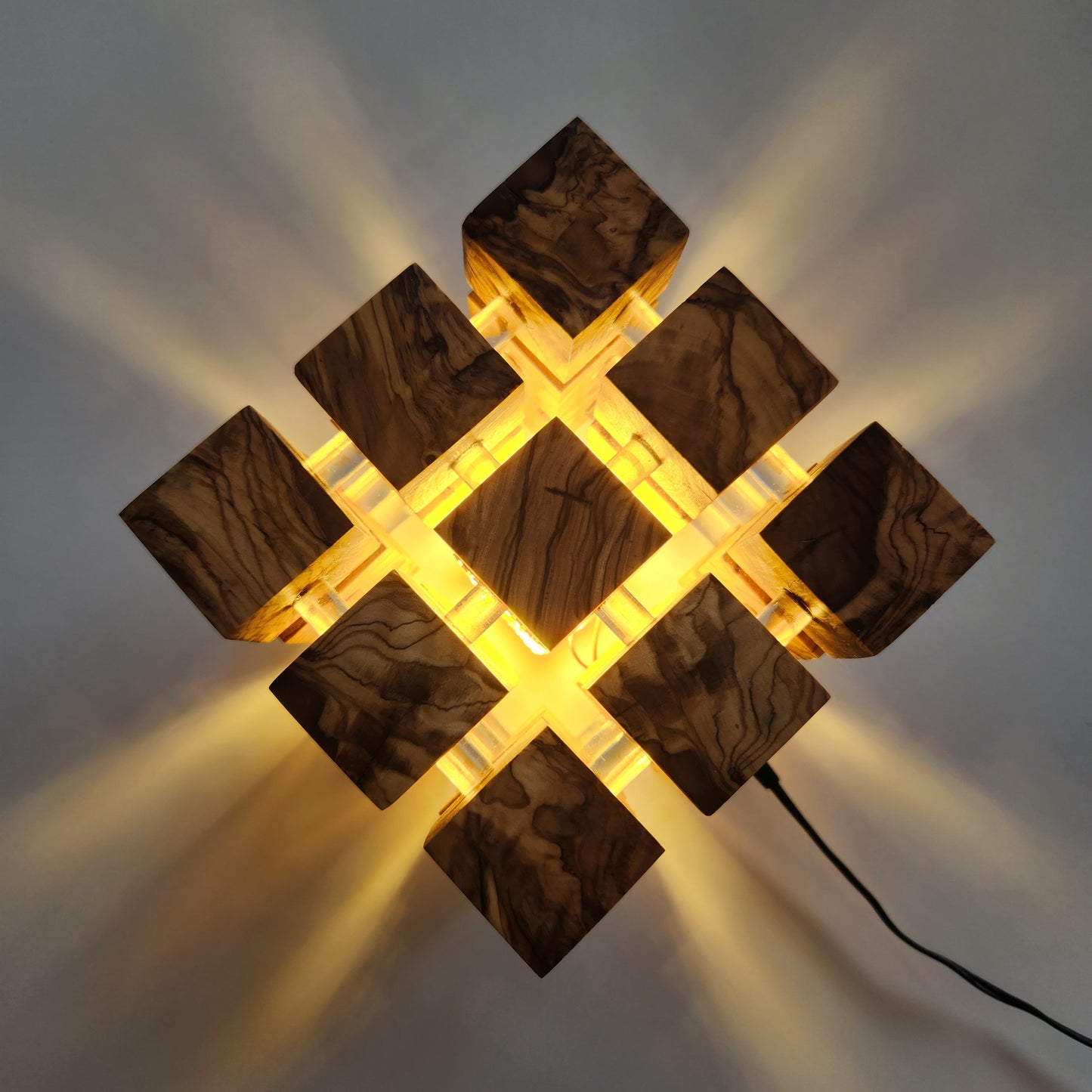 Handmade Olive Wood LED Night Lamp: Unique Cube Desk Light