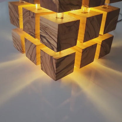 Handmade Olive Wood LED Night Lamp: Unique Cube Desk Light